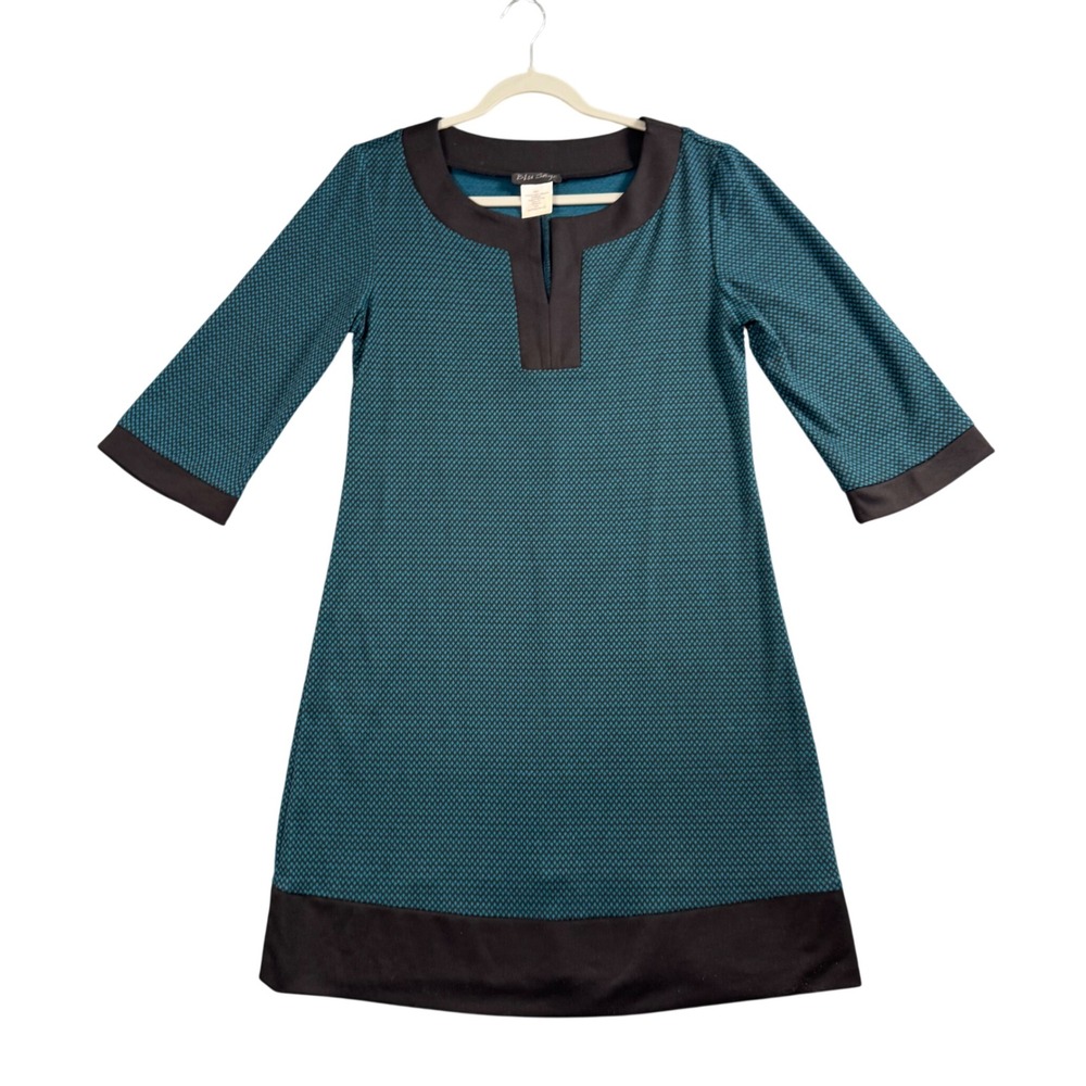 Blu Sage Shift Dress Womens Large Teal Black Geometric 3/4 Sleeve Mod Split Neck